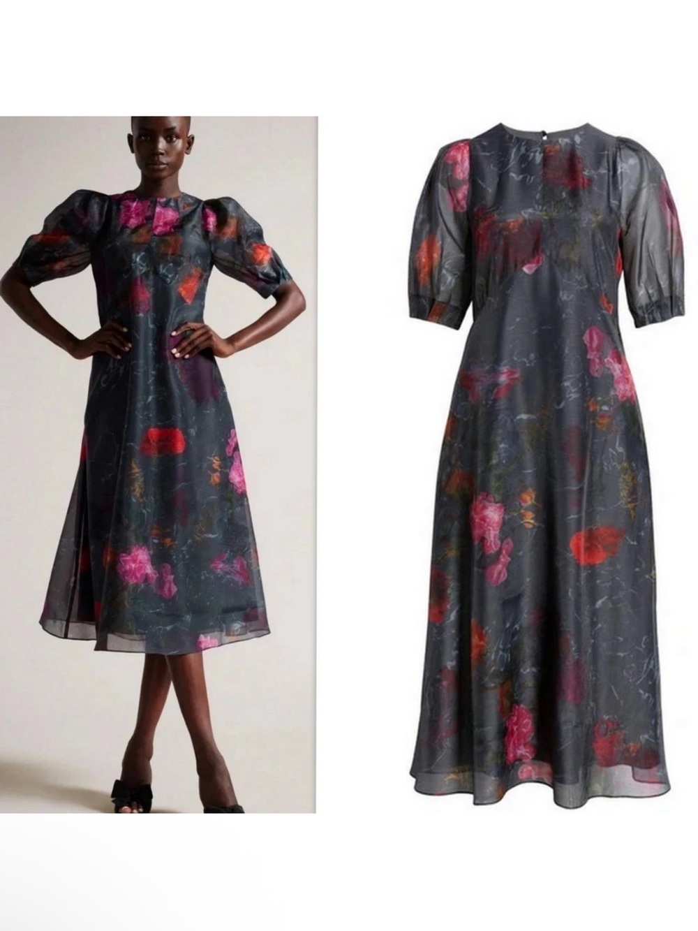 Ted Baker Mekayla Floral Puff Sleeve Empire Waist Midi Dress Size 5